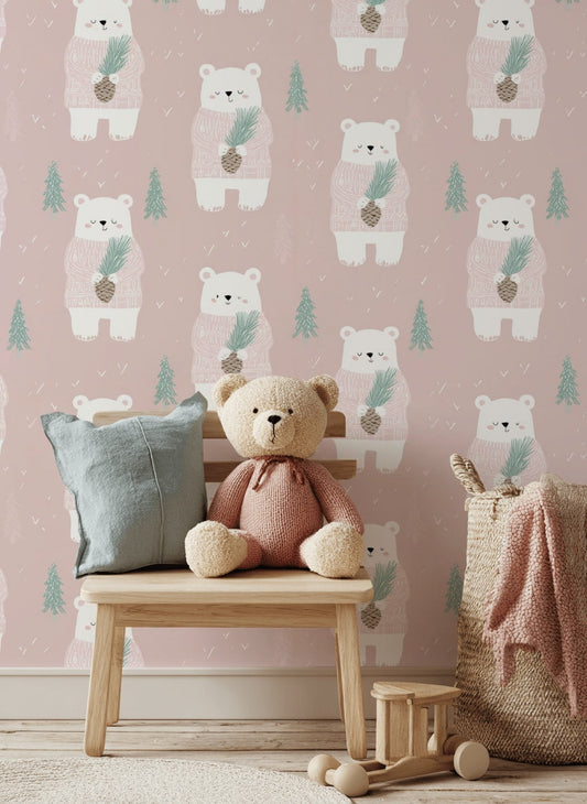 Blush Pink Cute Bear Kids Wallpaper