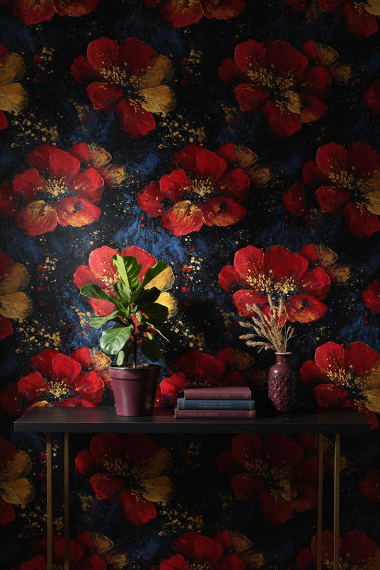 Bold Red and Gold Look Floral Dark Wallpaper