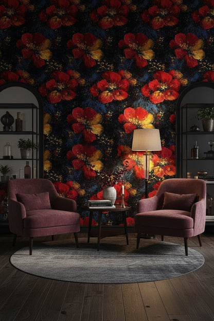 Bold Red and Gold Look Floral Dark Wallpaper