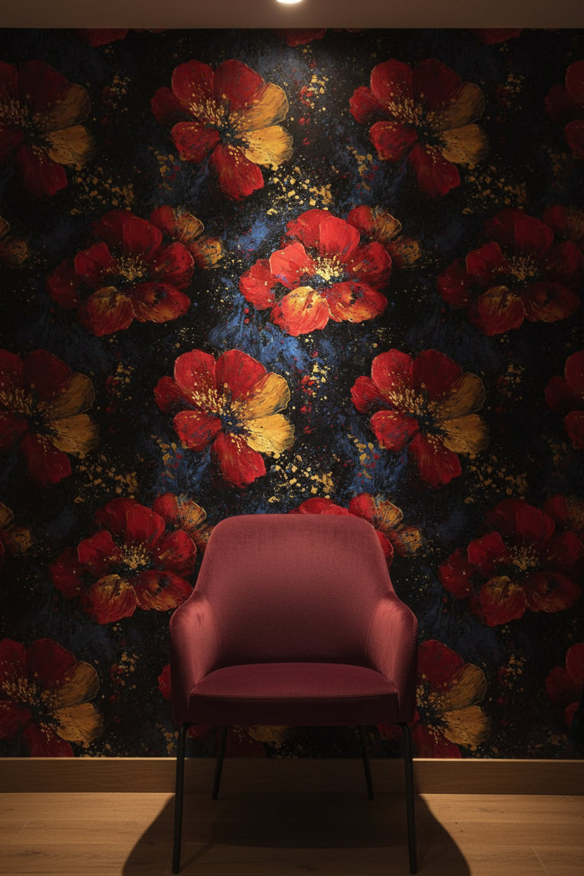 Bold Red and Gold Look Floral Dark Wallpaper