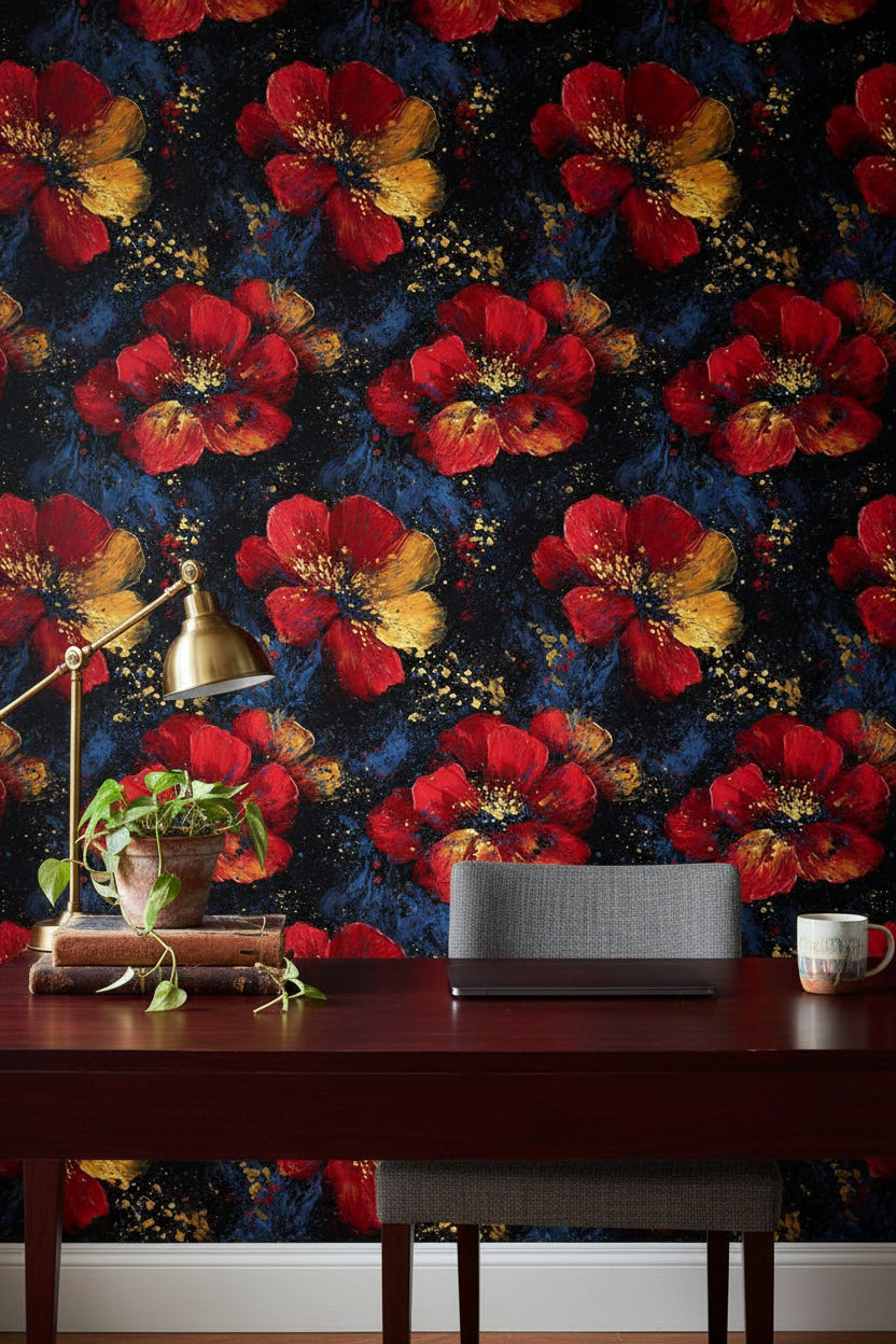 Bold Red and Gold Look Floral Dark Wallpaper