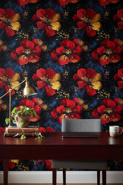 Bold Red and Gold Look Floral Dark Wallpaper