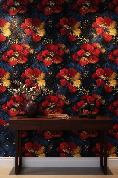 Bold Red and Gold Look Floral Dark Wallpaper