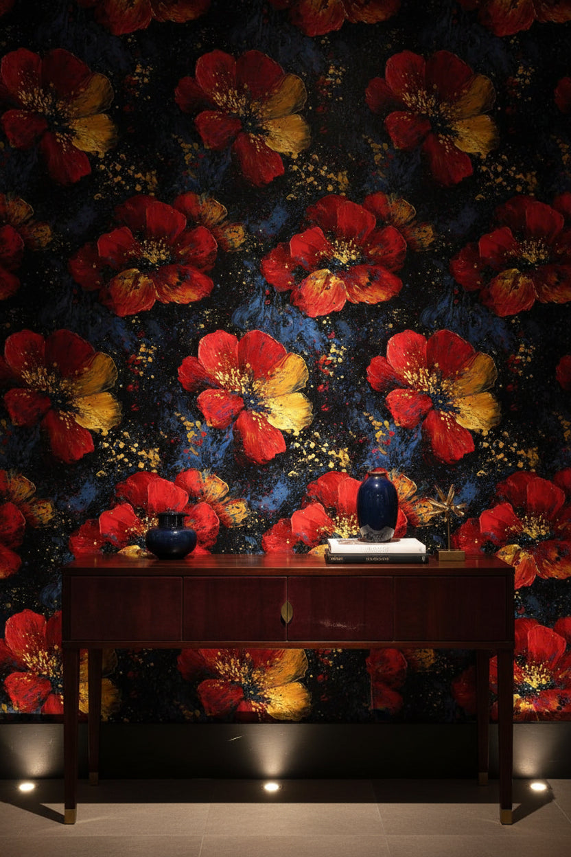 Bold Red and Gold Look Floral Dark Wallpaper