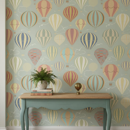 Pastel Blue Hot Air Balloon Patterned Wallpaper