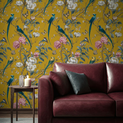 Golden Look Yellow Bird and Flower Chinoiserie Wallpaper