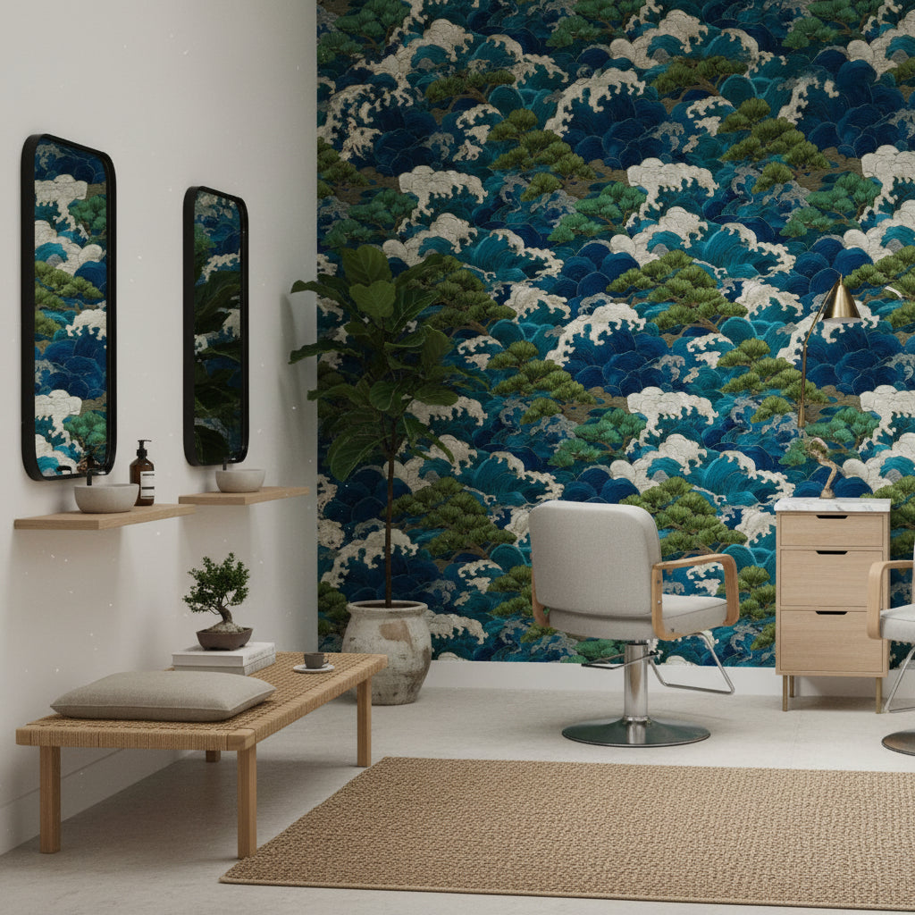 Deep Blue and Green Japanese Wave Wallpaper