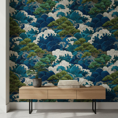 Deep Blue and Green Japanese Wave Wallpaper