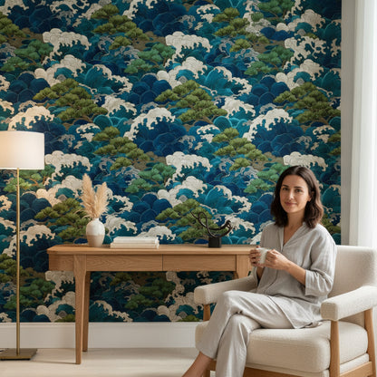 Deep Blue and Green Japanese Wave Wallpaper