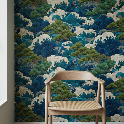 Deep Blue and Green Japanese Wave Wallpaper
