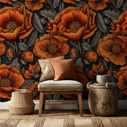 Vibrant Orange Poppy Floral Dark Wallpaper