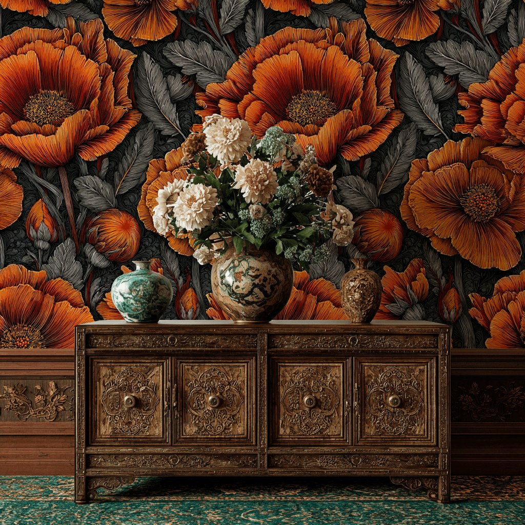 Vibrant Orange Poppy Floral Dark Wallpaper