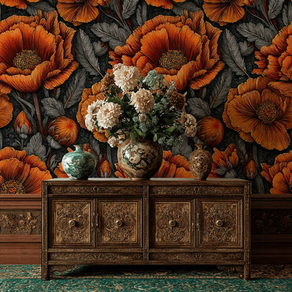 Vibrant Orange Poppy Floral Dark Wallpaper