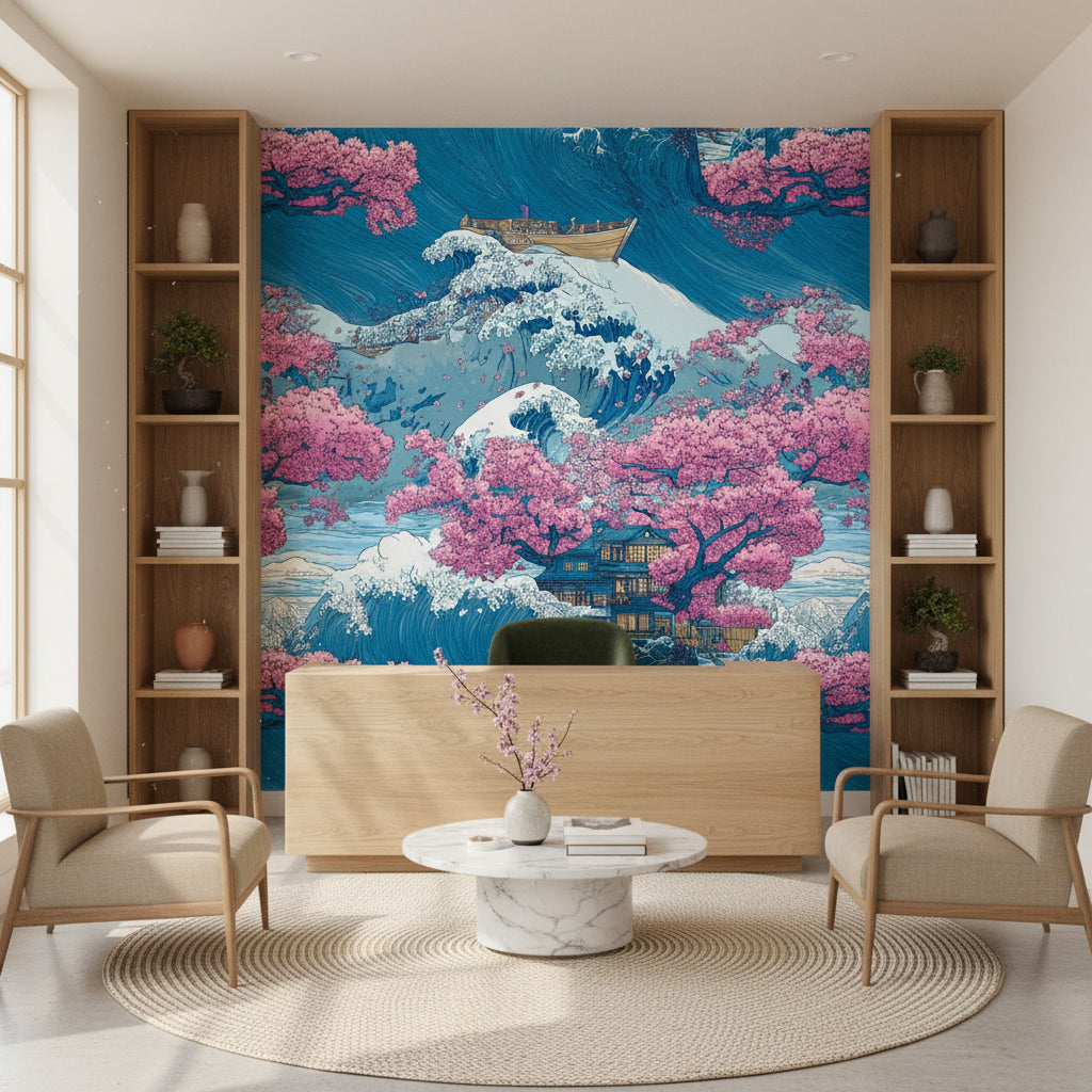 Vibrant Japanese Wave and Cherry Blossom Wall Mural