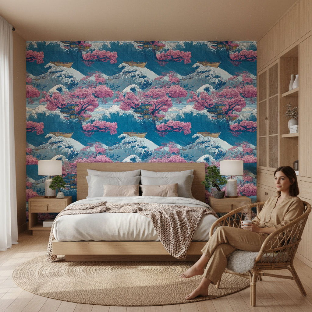 Vibrant Japanese Wave and Cherry Blossom Wall Mural