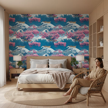 Vibrant Japanese Wave and Cherry Blossom Wall Mural