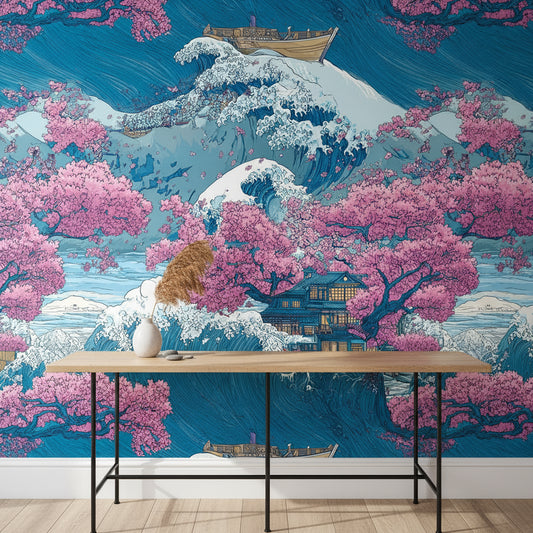 Vibrant Japanese Wave and Cherry Blossom Wall Mural