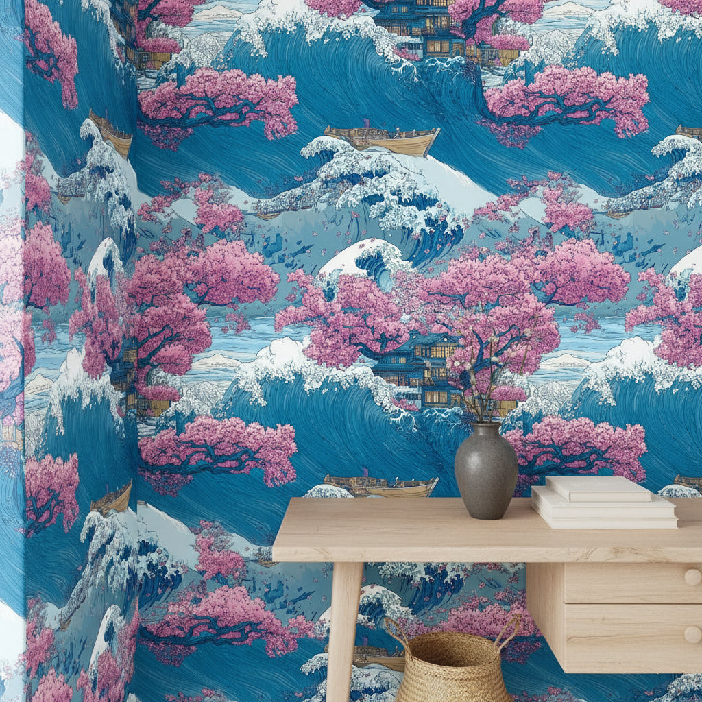 Vibrant Japanese Wave and Cherry Blossom Wall Mural