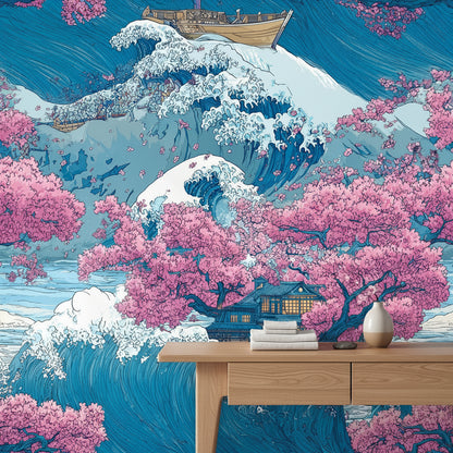 Vibrant Japanese Wave and Cherry Blossom Wall Mural