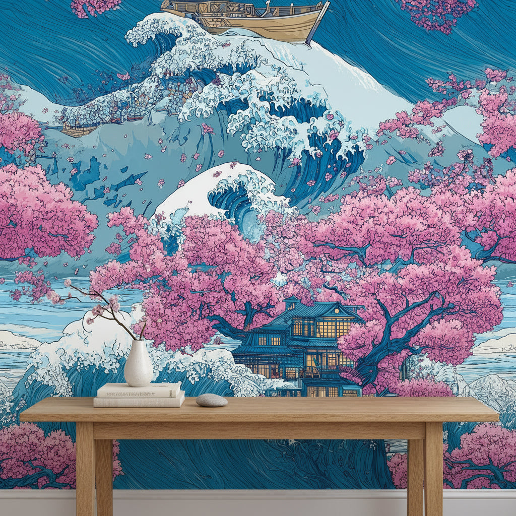 Vibrant Japanese Wave and Cherry Blossom Wall Mural