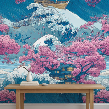 Vibrant Japanese Wave and Cherry Blossom Wall Mural