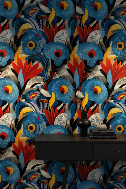 Vibrant Black Tropical Floral Burst Wallpaper