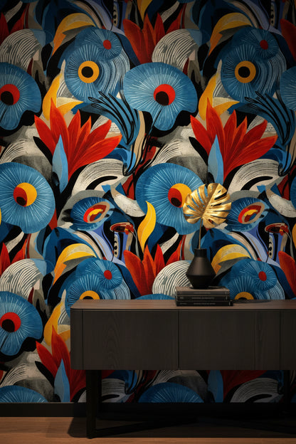 Vibrant Black Tropical Floral Burst Wallpaper