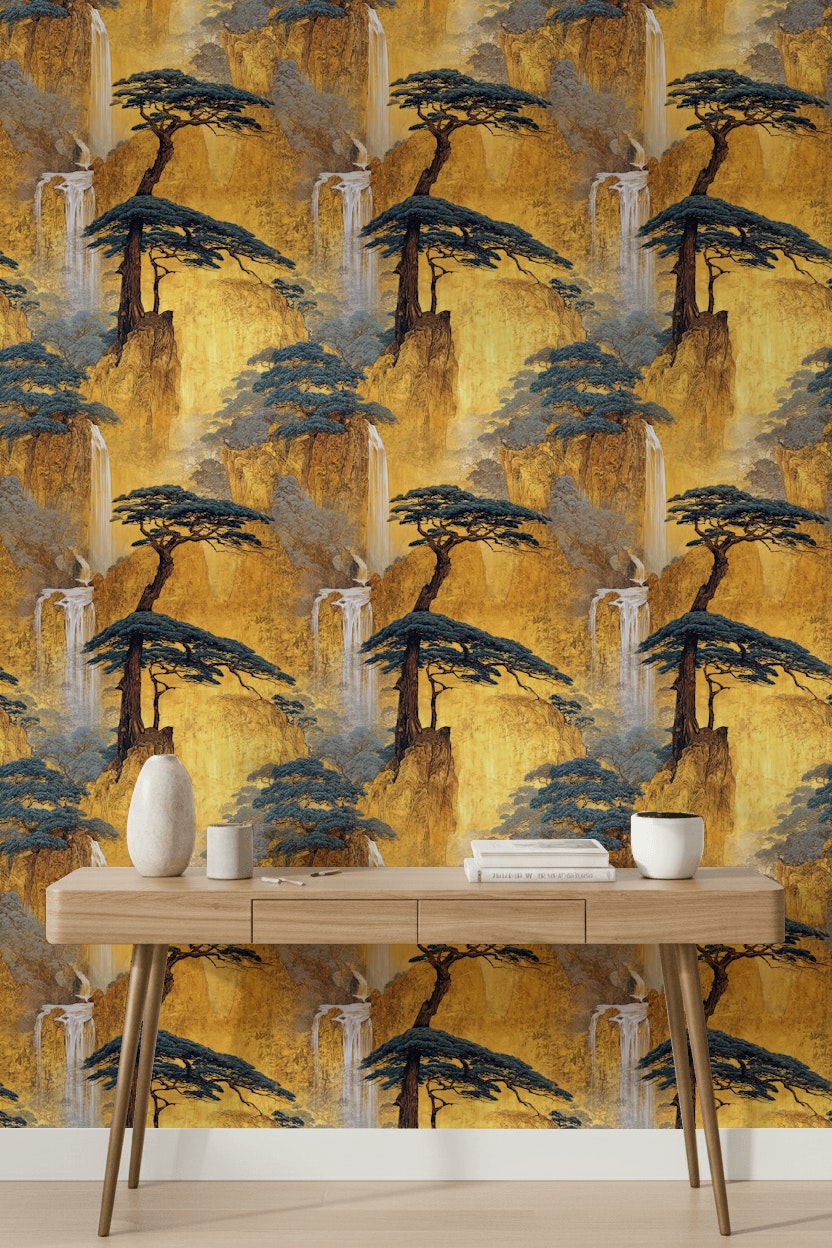 Golden Look Chinoiserie Waterfall Landscape Wallpaper