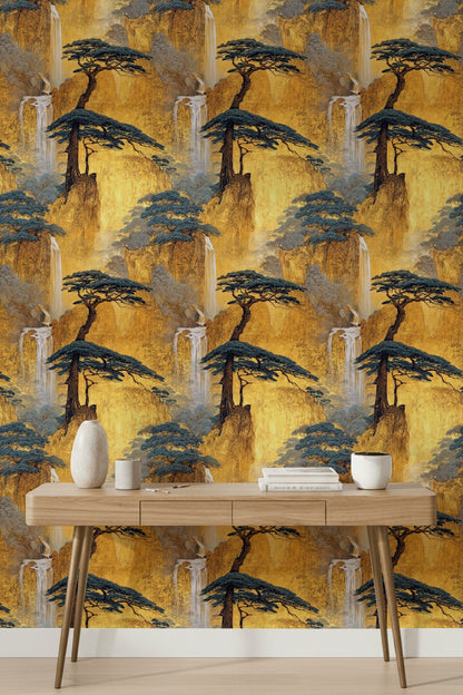 Golden Look Chinoiserie Waterfall Landscape Wallpaper