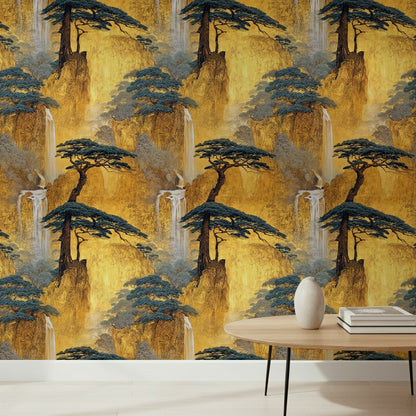 Golden Look Chinoiserie Waterfall Landscape Wallpaper