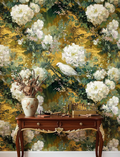 Gold Look Antique Floral with Birds Wallpaper