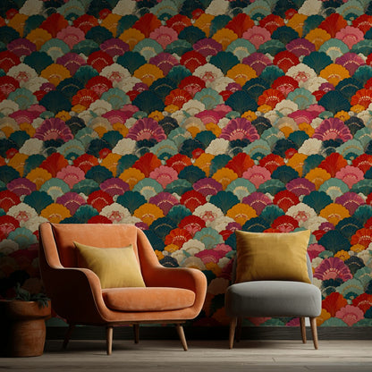Multicolor Art Deco Fan Pattern Wallpaper