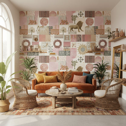 Eclectic Patchwork Lion and Botanical Wallpaper