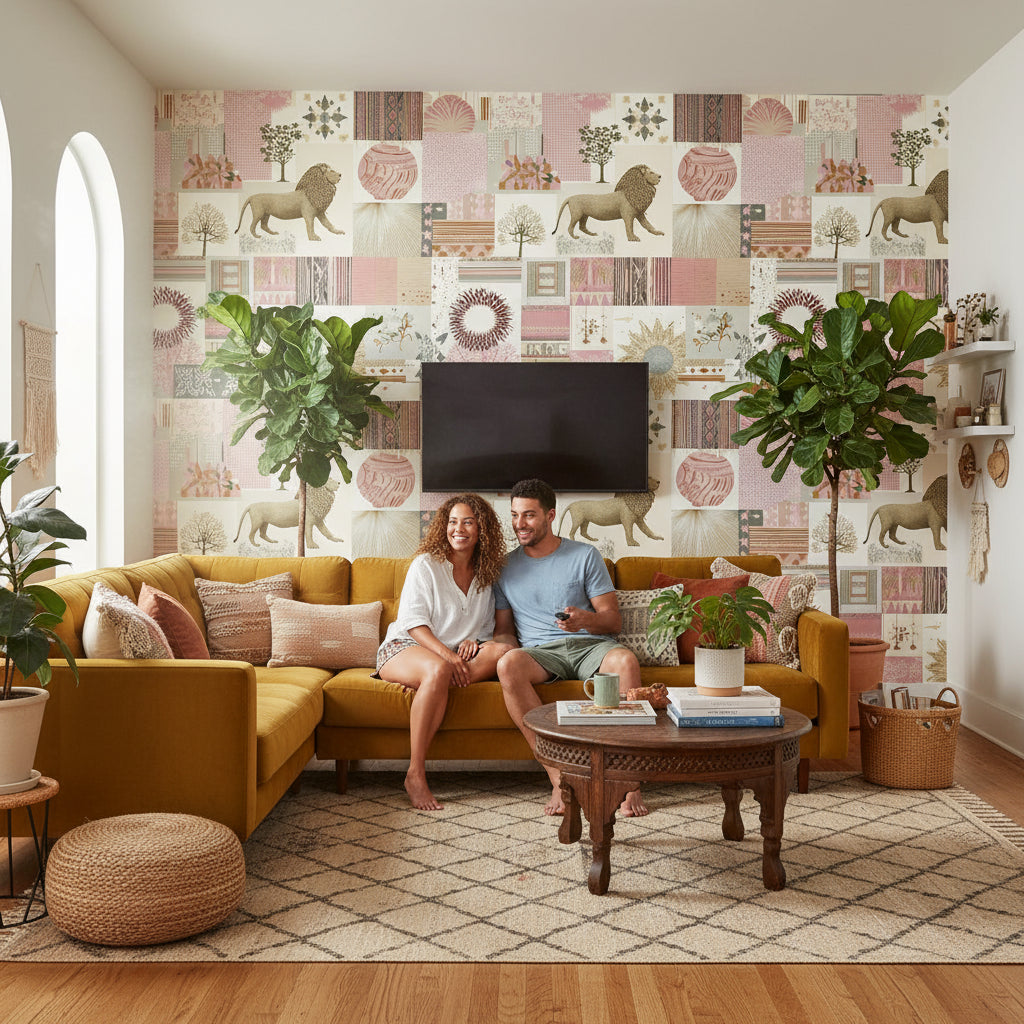 Eclectic Patchwork Lion and Botanical Wallpaper