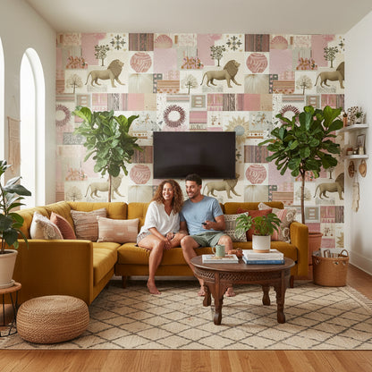 Eclectic Patchwork Lion and Botanical Wallpaper