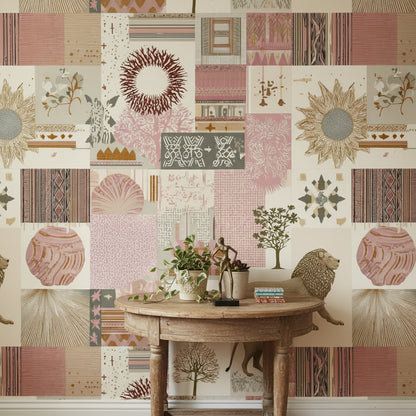 Eclectic Patchwork Lion and Botanical Wallpaper
