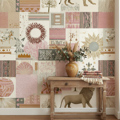 Eclectic Patchwork Lion and Botanical Wallpaper
