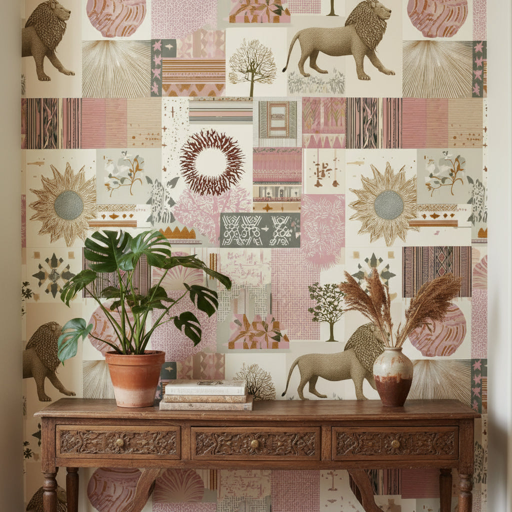 Eclectic Patchwork Lion and Botanical Wallpaper