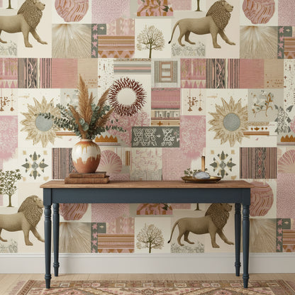 Eclectic Patchwork Lion and Botanical Wallpaper