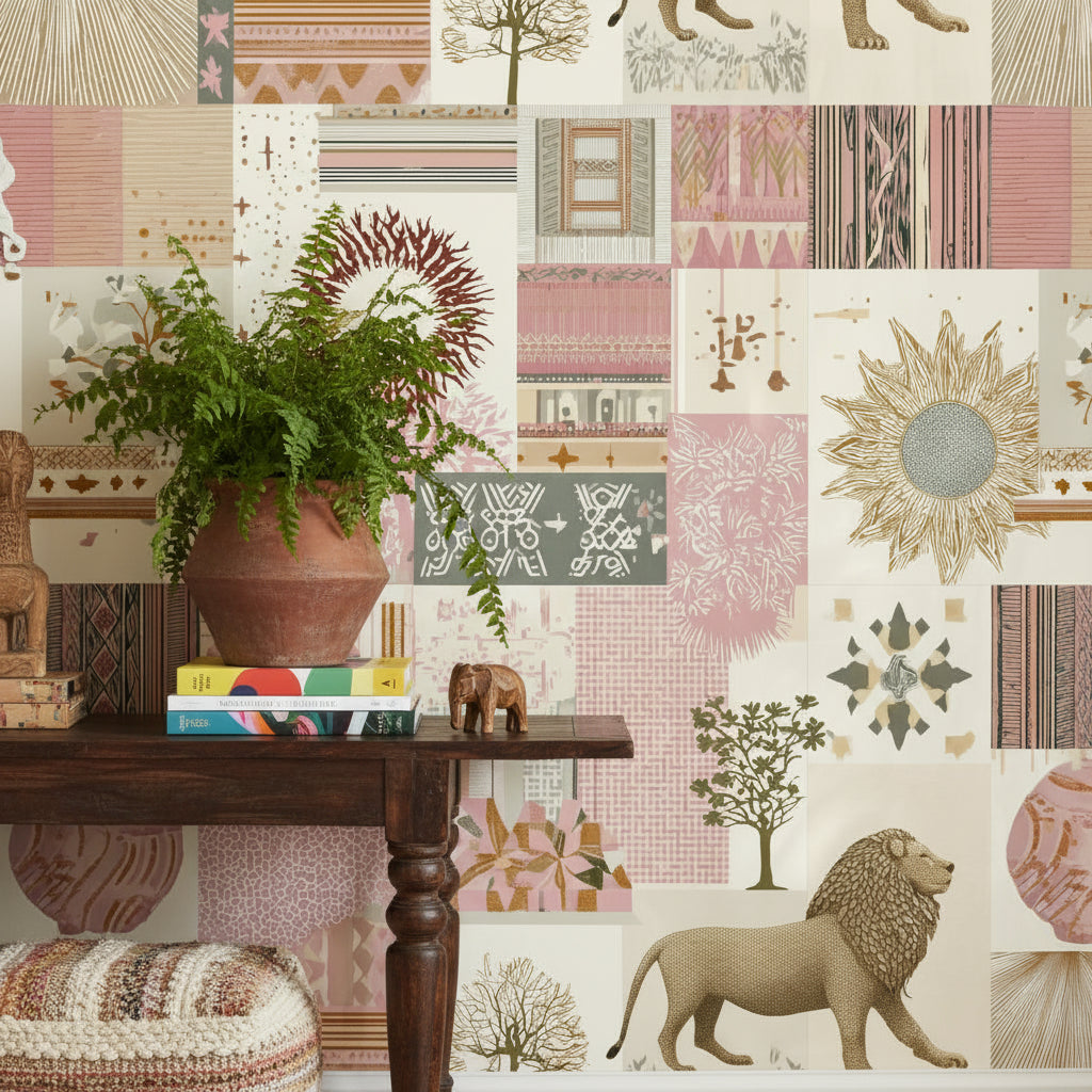 Eclectic Patchwork Lion and Botanical Wallpaper
