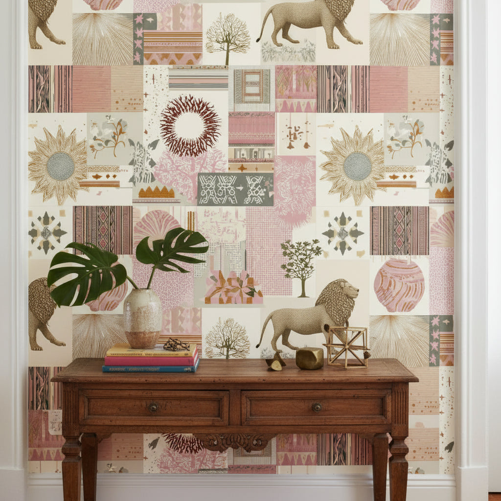 Eclectic Patchwork Lion and Botanical Wallpaper