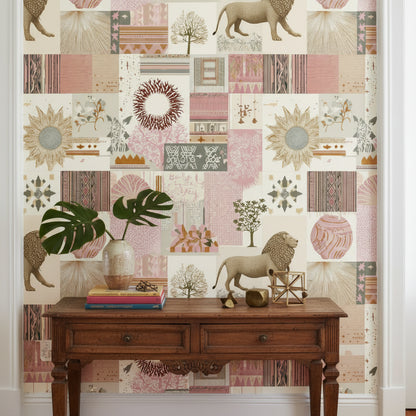Eclectic Patchwork Lion and Botanical Wallpaper