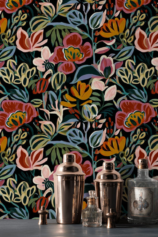 Vibrant Multicolor Large Floral Dark Wallpaper