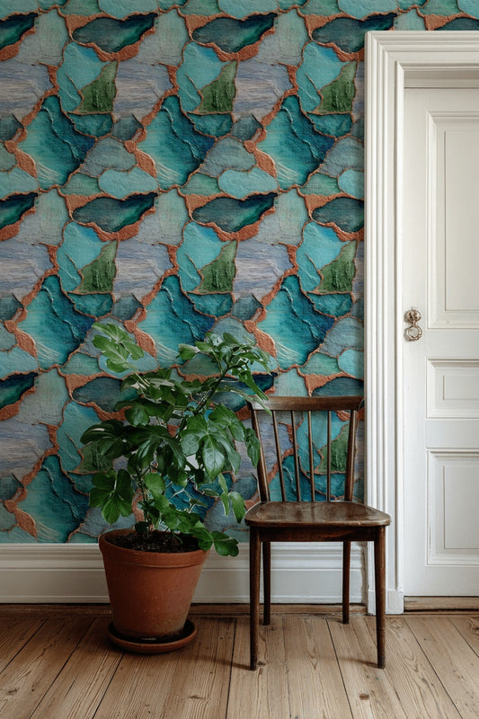 Teal and Green Abstract Textured Wallpaper