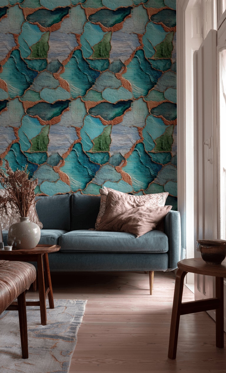 Teal and Green Abstract Textured Wallpaper