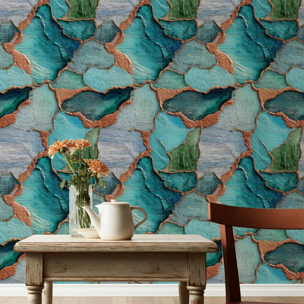 Teal and Green Abstract Textured Wallpaper