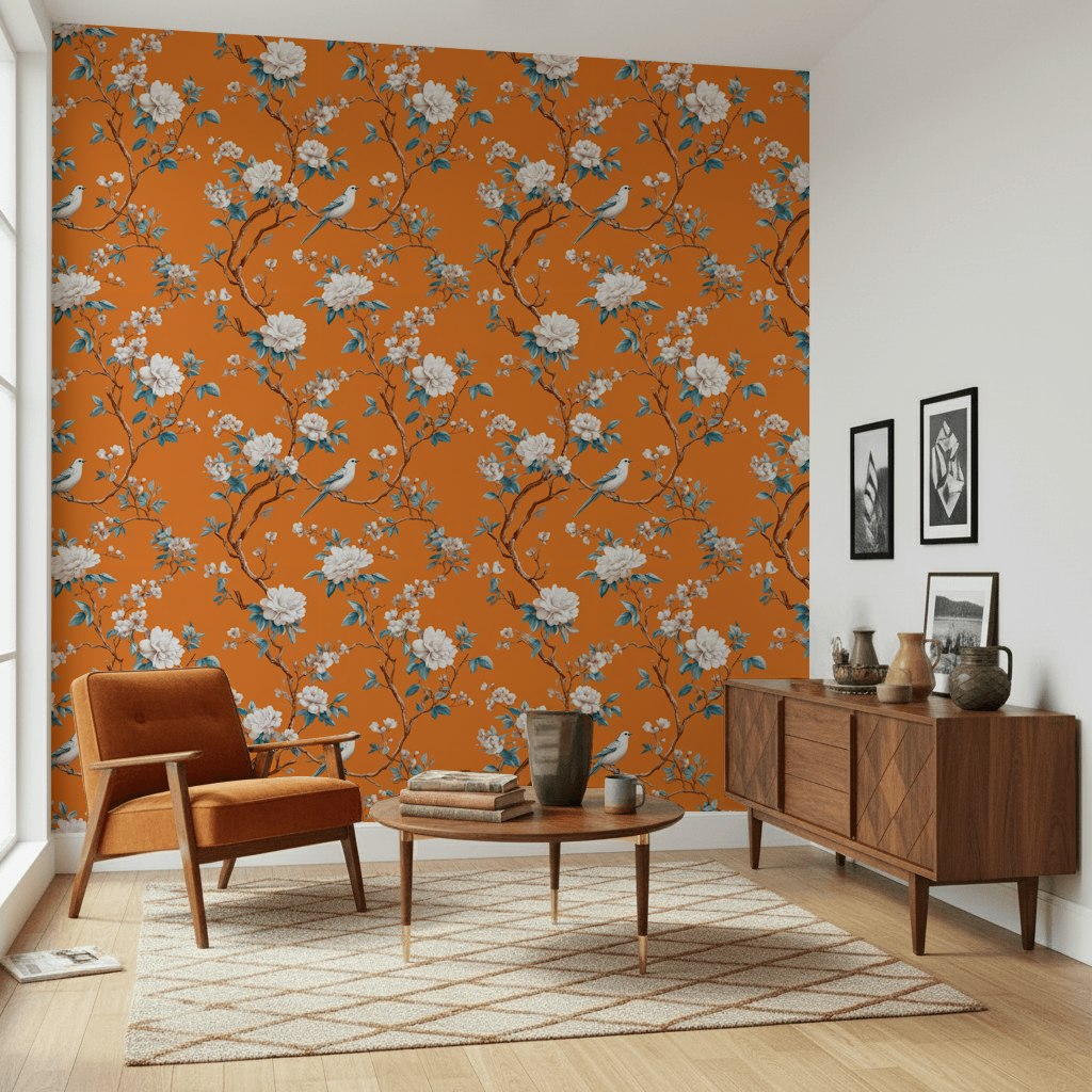 Vibrant Orange Cherry Blossom and Bird Wallpaper