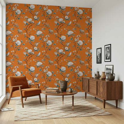 Vibrant Orange Cherry Blossom and Bird Wallpaper