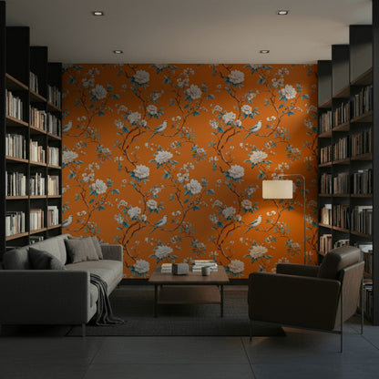 Vibrant Orange Cherry Blossom and Bird Wallpaper