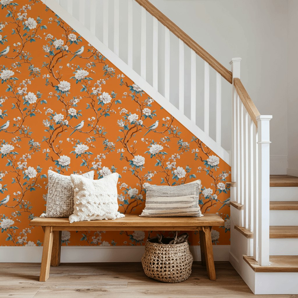 Vibrant Orange Cherry Blossom and Bird Wallpaper